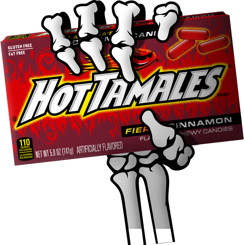 Skeleton Hand Rising holding HotTamales Candy